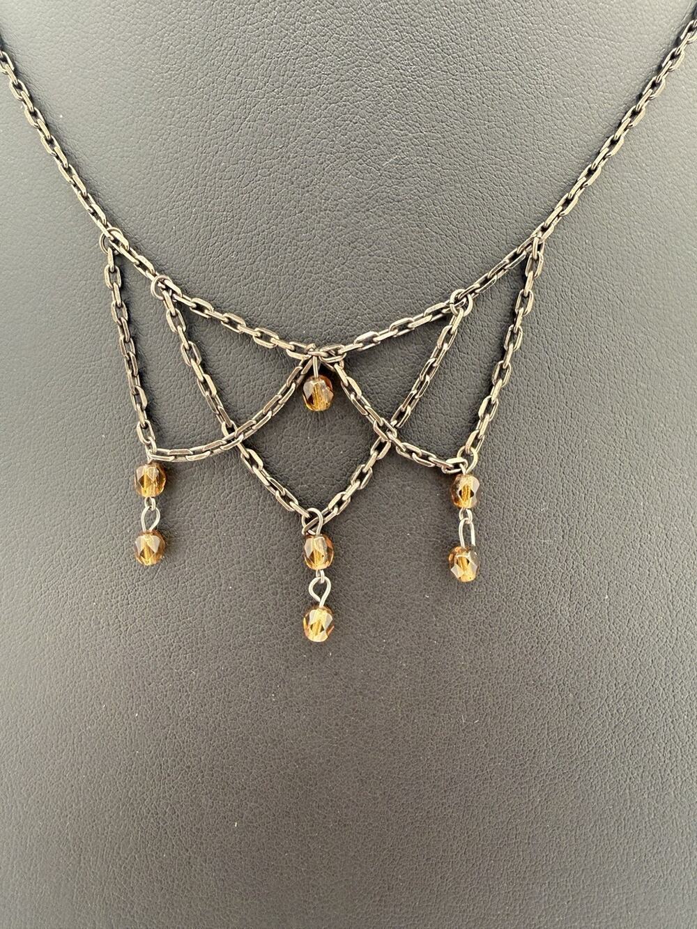 Cognac Glass Festoon Necklace Draped Multi Chain Silver Plated Vintage